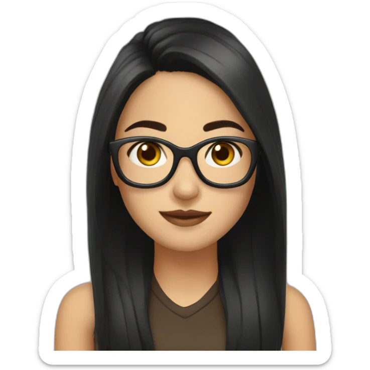 generate emoji unrussian girl with long black hair, glasses, dark-black hair, brown eyes sticker