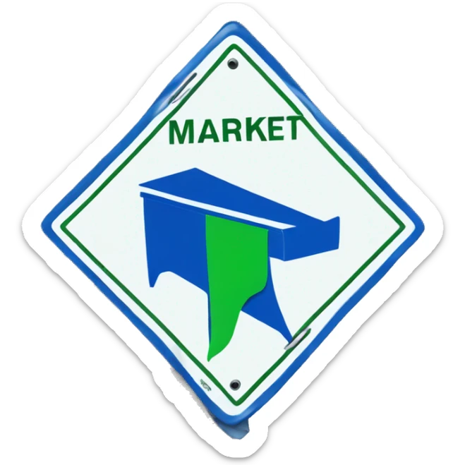 Street sign that says MARKET in blue with green bandana sticker
