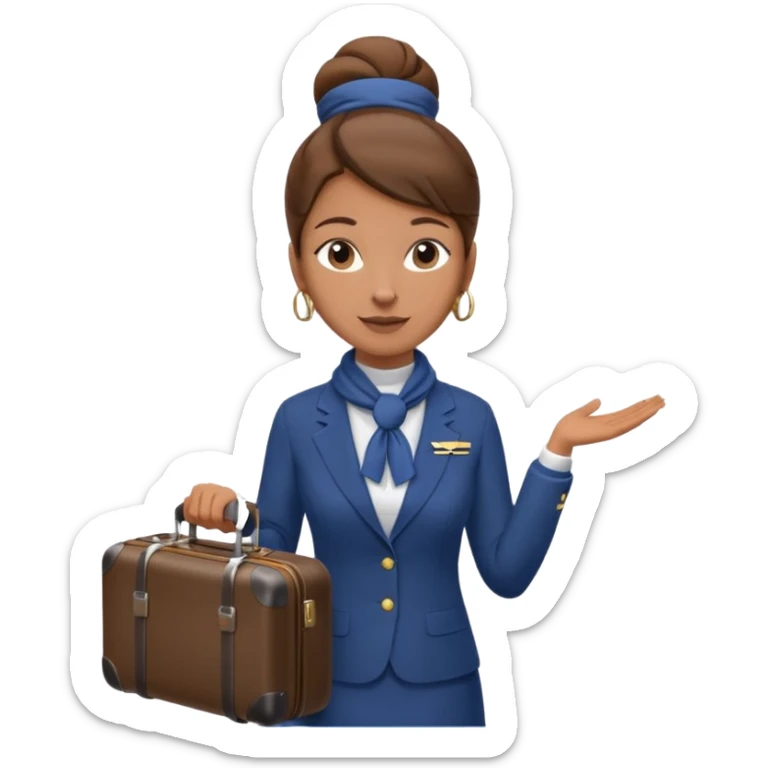 flight attendant, Light Brown skin, brown hair in single bun, neck scarf, suitcase sticker