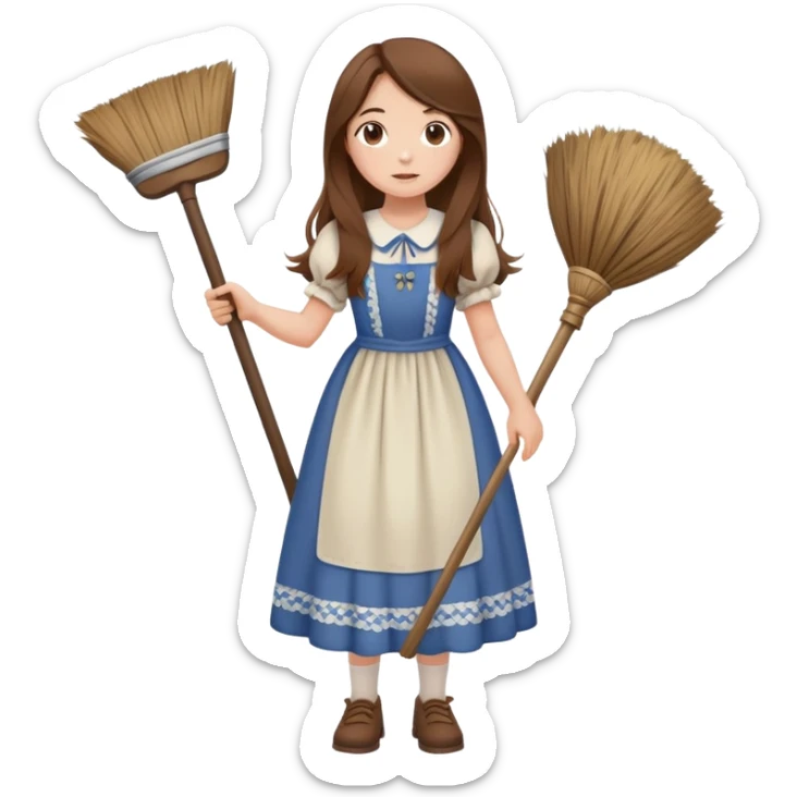 girl with long brown hair in cottagecore dress, pointing accusingly with a broom sticker