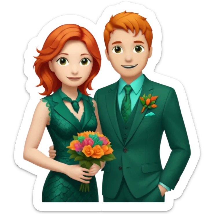  The man, with red hair and visible snake scales, wears a dark green suit with a green tie and an orange boutonnière. The woman, with blonde hair, wears a turquoise ballgown with lace details and holds a colorful tropical bouquet. They smile at each other.  sticker