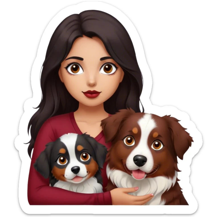 One latina girl with long beautiful dark hair and dark eyes in a dark red v neck and makeup with her dog which is a black brown and white tri colored  Australian shepherd large sticker