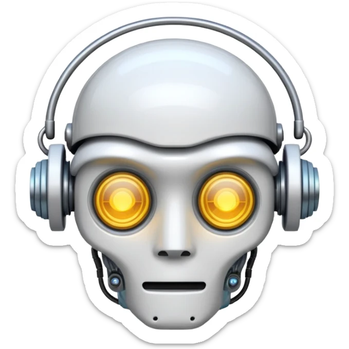 Emoji stylisé d'un cerveau robotique avec un circuit imprimé visible et un petit halo lumineux au-dessus, fond blanc sticker