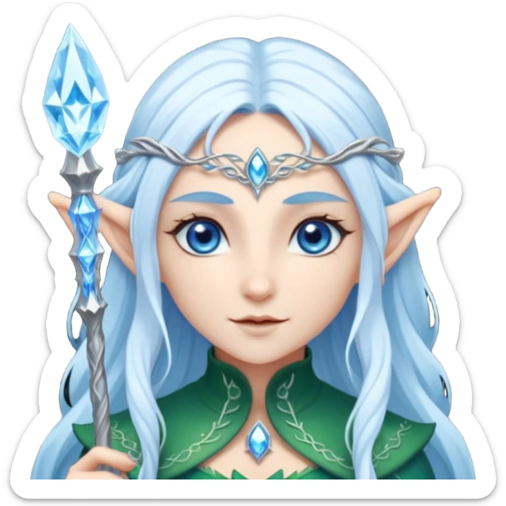 Legendary fantasy Christmas elf portrait icon, Santa Claus and Snow Maiden inspired, ancient winter spirit style, long flowing white-blue hair, glowing frost eyes, crystal staff, elegant elven features, divine winter magic aura, icy silver color palette, highly detailed but clean emoji icon sticker