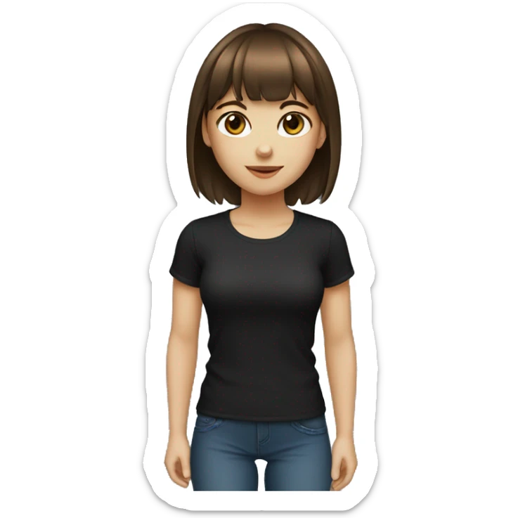 A girl with short brown hair with bangs, brown eyes, black T-shirt, fair skin. Works as a designer sticker
