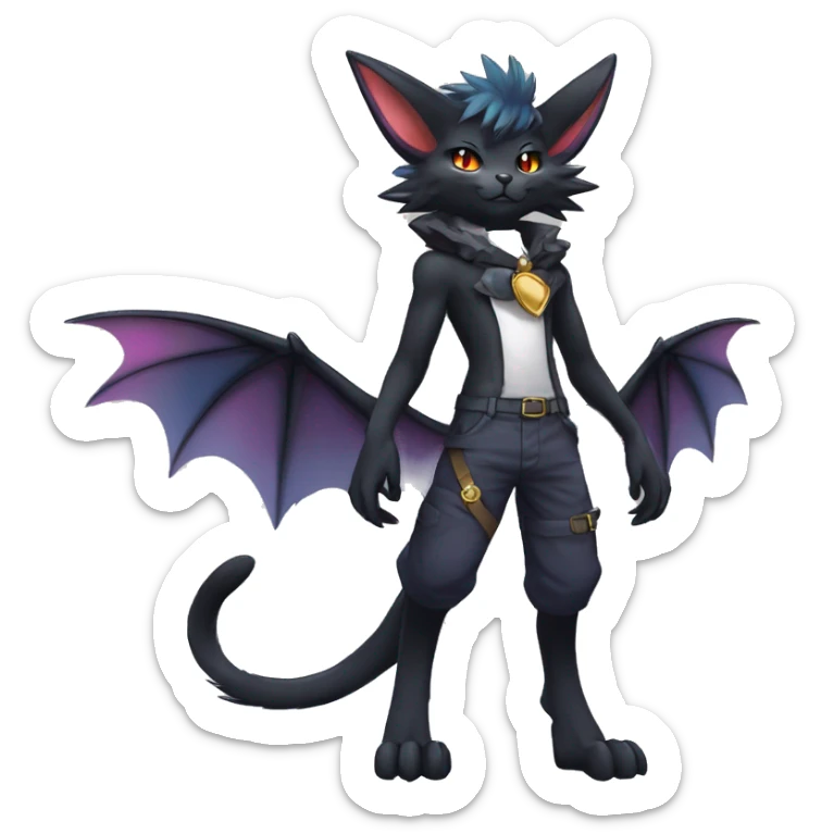 cool edgy anthro godly colorful ethereal black fantasy beautiful elegant nargacuga-Noivern-cat-Fakemon wearing a collar, cargo pants, full body sticker