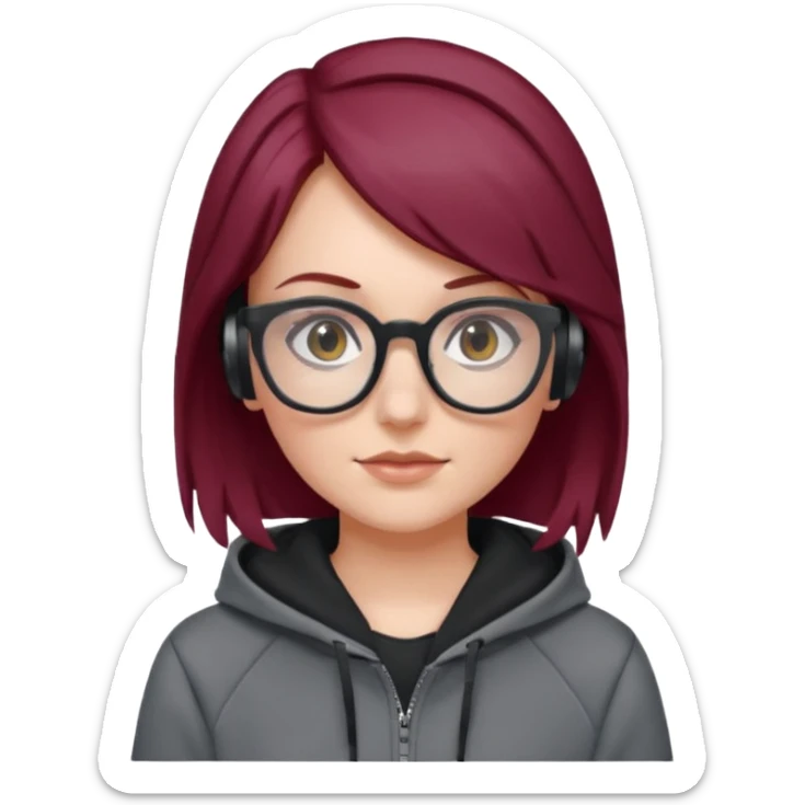 white girl with burgundy hair, gray squared-glasses, black deportive hoodie and black headphones sticker