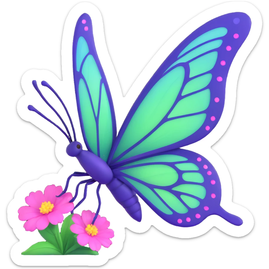 elegant fantastical butterfly with luminous #c0ff53 green wings, purple trim, intricate veins, magical sparkles and floating particles, deep blue body, pink flowers on wing edges, 3D cartoon style sticker