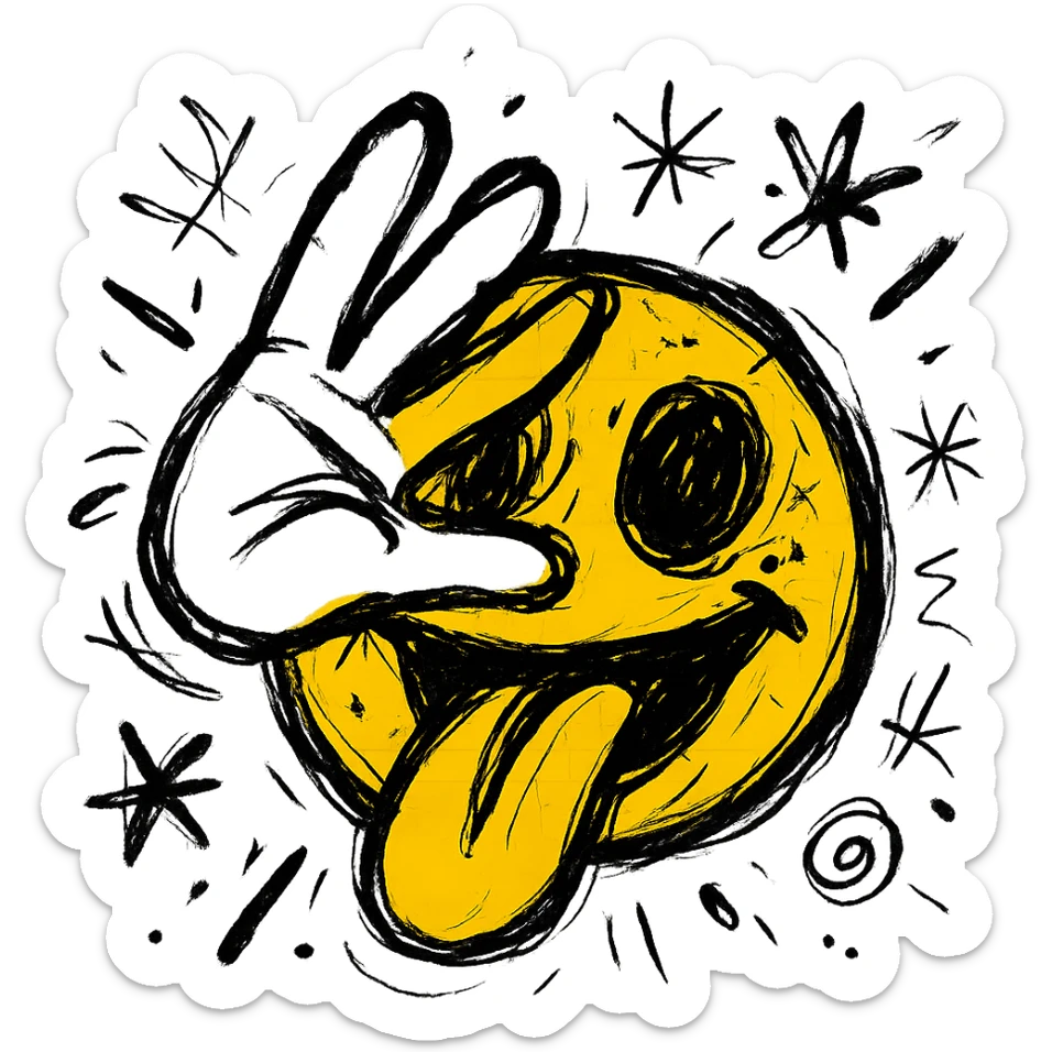 yellow emoji face sticking out tongue, one hand covering both eyes, fingers splayed, playful and silly sticker