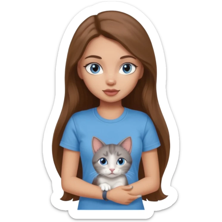 a pretty bratz dusky light skin girl with long brown hair, blue eyes with six cats nd wearing a grey tshirt sticker