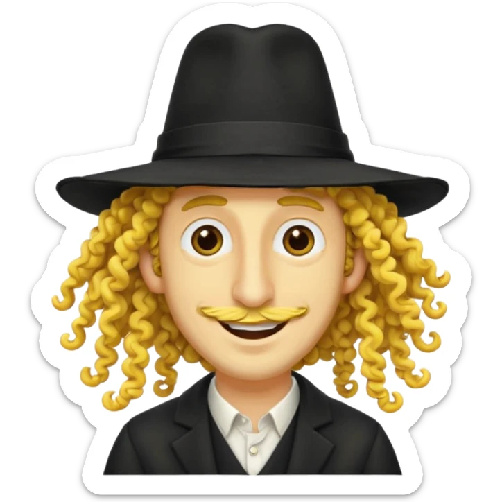 Jewish guy ,yellow skin ,very long nose ,black hat with 2 strands of curly hair coming down each side of the hat sticker