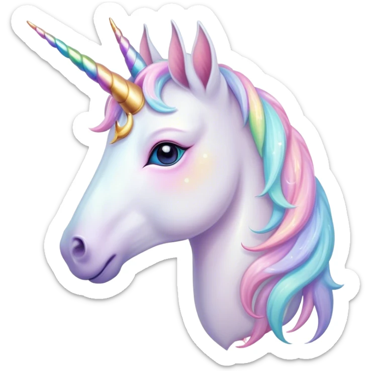 Beautiful and Majestic Unicorn Pony Portrait Emoji, Head and body radiating gentle magic with a soft pastel color, a delicately sparkling horn and eyes gently closed in peaceful wonder, Simplified yet exquisitely endearing features, highly detailed, glowing with a soft, ethereal light, high shine, serene and utterly majestic, stylized with an air of fairy-tale regality, soft glowing outline, capturing the essence of a beautiful and majestic unicorn pony that embodies the enchanting spirit of a dream! sticker