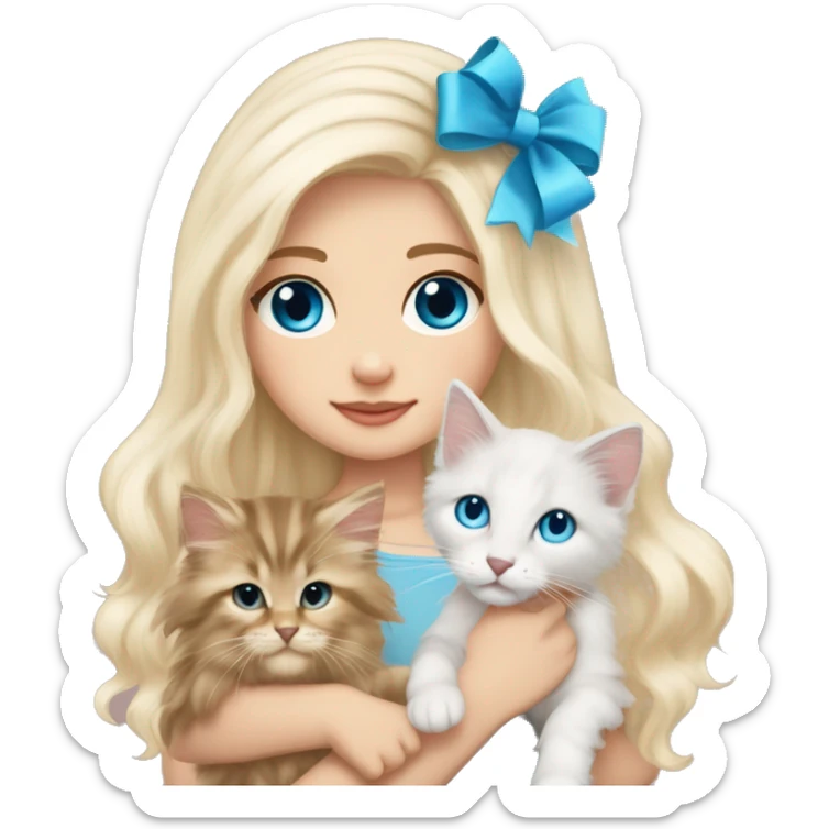 pale blonde girl with long platinum white wavy hair with bright blue eyes and wearing a light pink hair bow holding a beige long haired main coon kitten also wearing a hair bow sticker