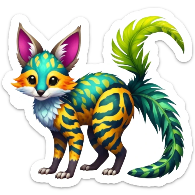 Feral Rare Fantasy vibrant colorful tropical Vernid-Trico-species by LiLaiRa, random markings, tufted tail, tufted ears, full body sticker