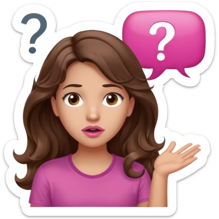 girl with long wavy brown hair, brown eyes, light to medium complexion, in a pink shirt, pink lips, long lashes, shugging, question mark one speech bubble sticker