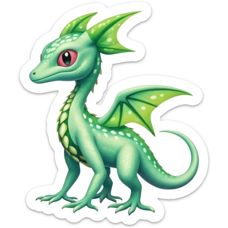 Sparkly White And Green Natural Flowery Colorful Grovyle-Salandit-Celebi-Fakémon-hybrid-creature (full body)  sticker