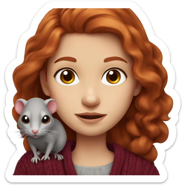 redhead girl with grey eyes with long hair and Dyson styling in a burgundy sweater and a rat on her shoulder sticker