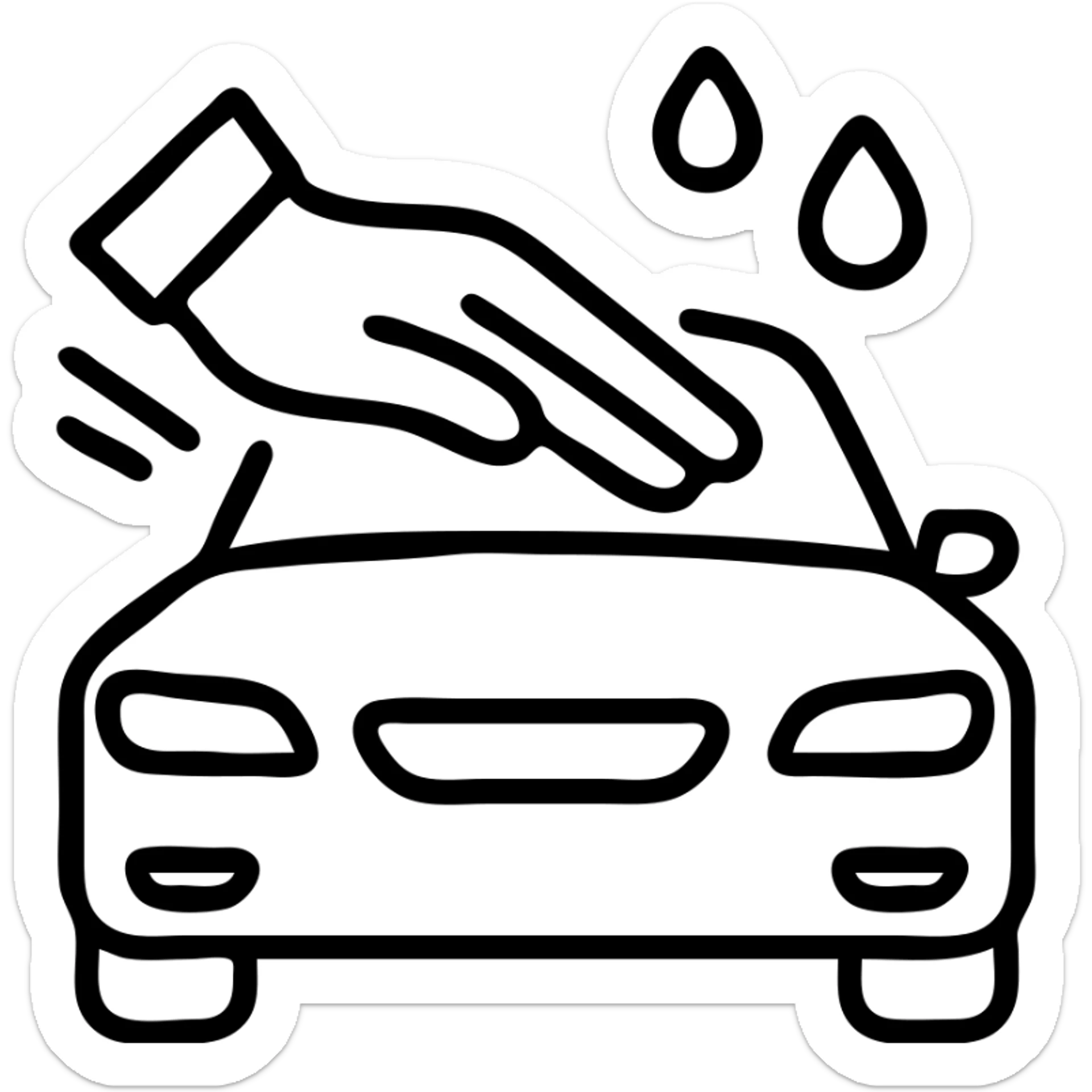 outlined icon of an elegant hand wearing a white glove on the hood of a high-end car, with water drops or shine, main color black, silver or white details, smooth motion lines suggesting cleaning, modern and clean style, no text sticker