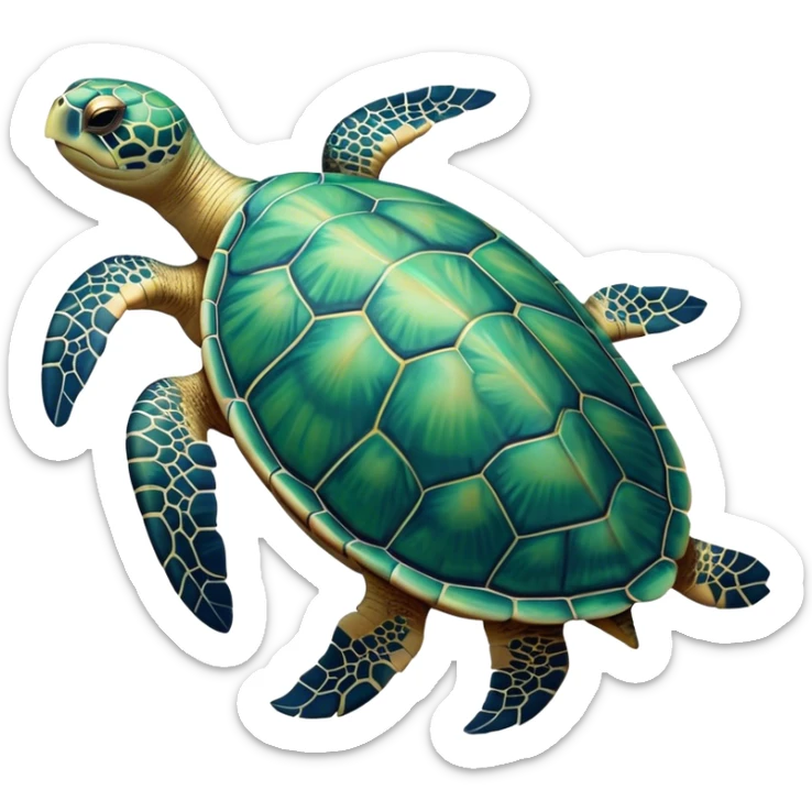 Cinematic Noble Sea Turtle Portrait Emoji, Poised and wise, with a majestic, domed shell adorned with rich, textured patterns and a smooth, ancient body gliding gracefully through the water, deep, reflective eyes exuding calm wisdom, Simplified yet sharp and sophisticated features, highly detailed, glowing with a soft, oceanic glow, high shine, intelligent and graceful, stylized with an air of timeless marine majesty, focused and serene, soft glowing outline, capturing the essence of a watchful and confident sea guardian that appears ready to glide out of the screen with effortless authority! sticker