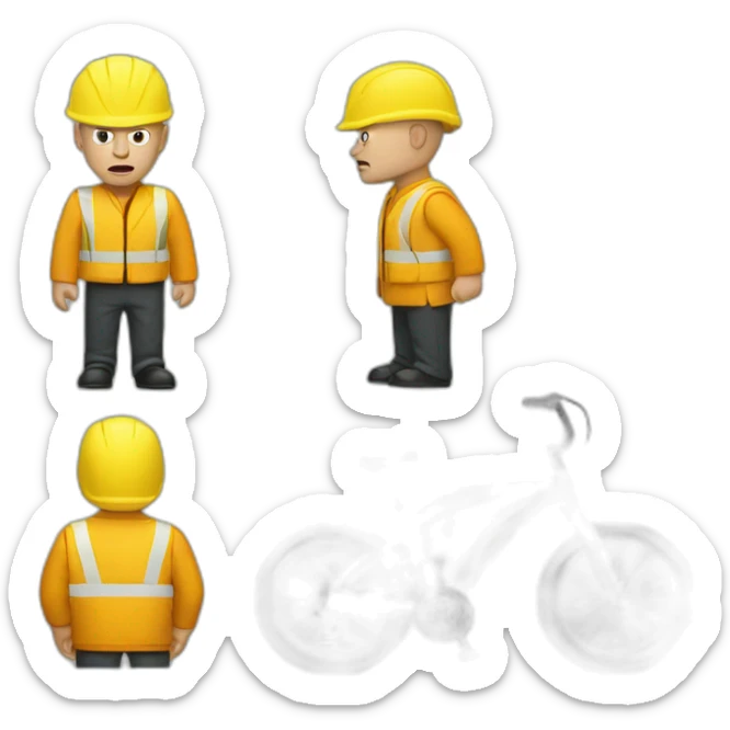 a white bald man angry with a yellow safety vest and a yellow bicycle helmet sticker