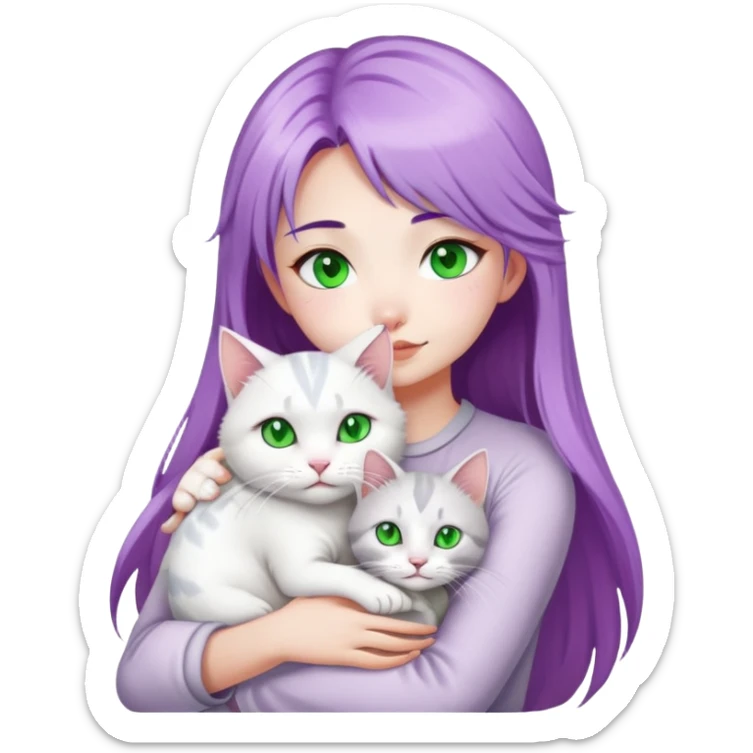 a purple hair Asian girl with white skin, hug a silver&white highland cat with green eyes sticker