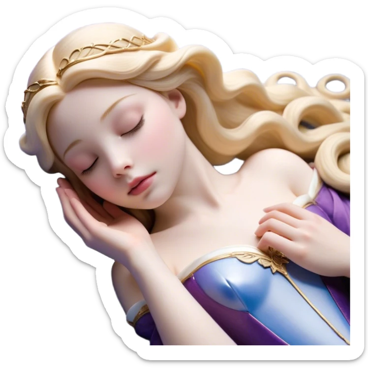 Cinematic Realistic Sleeping Beauty (Aurora) Portrait, with porcelain-like skin featuring a natural rosy flush, illuminated by soft lighting that highlights the gentle contours of her face. Her golden blonde hair flows in soft, detailed waves with subtle highlights that shimmer in the light. Her deep violet-blue eyes radiate warmth and innocence, framed by arched brows and long lashes. With a soft, serene smile, she holds a delicate rose gently in one hand, her other hand resting lightly by her side. She is dressed in her classic pink gown, the fabric rich in texture with delicate folds that catch the light. A golden crown rests atop her head, gleaming with royal refinement. The portrait captures a soft, glowing aura, blending realism with an ethereal sense of beauty and timeless enchantment. sticker