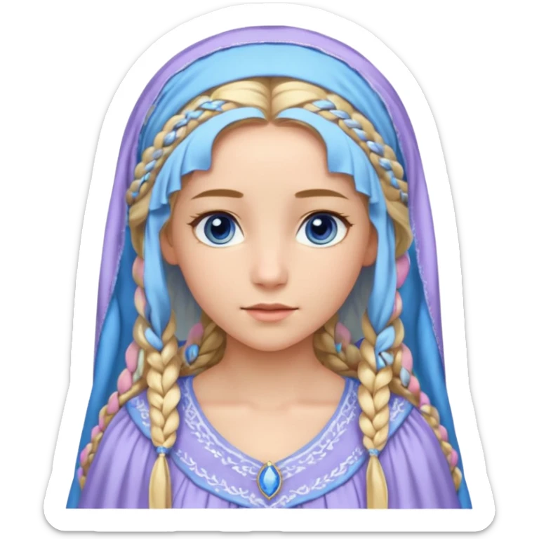 Joven de unos 30 años, de aspecto dulce, elegante.
Piel clara, ojos (pueden ser azules o verdes)
Rubio o castaño largo, con trenzas.
Vestido largo de tonos suaves (blanco, azul o lavanda), con bordados dorados; un manto o toca fina cubriendo la cabeza. Que se vea todo el cuerpo de pies a cabeza sticker