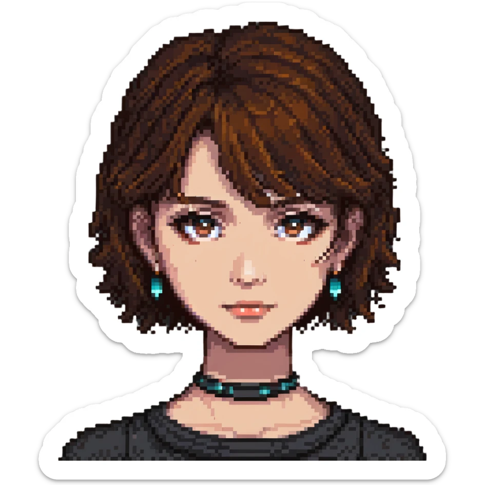 A pixel art girl with brown eyes, short brown hair without bangs, and a septum piercing. sticker