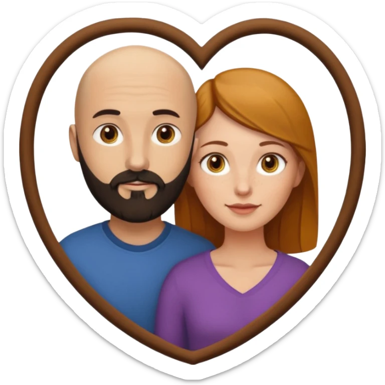 Couple. Bald man with dark brown-black beard. White woman with many small, faded freckles, white skin and she has auburn-yellow-brown-caramel, dark hair. She has light yellow-brown eyes. The man have hazel eyes. They are inside a big heart. sticker