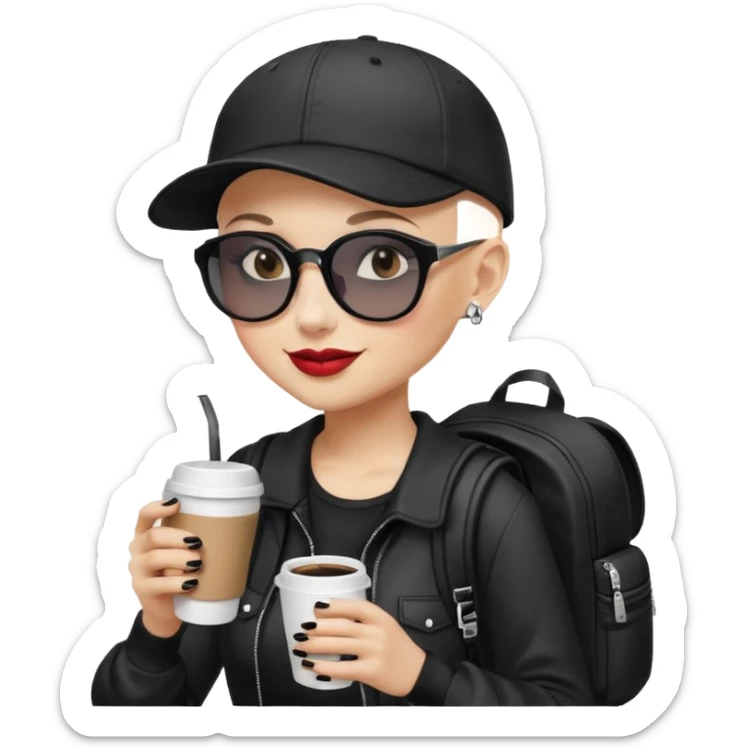 ["A happy woman with light skin, bald, wearing a baseball cap and sunglasses, dressed in goth fashion, is drinking coffee while holding a backpack."] sticker