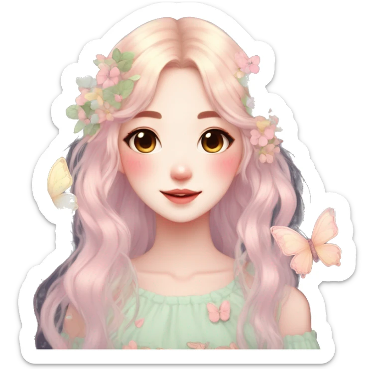 Cute kawaii gorgeous pretty anime cartoon pastel lady with butterflies and beautiful hair fairycore cottagecore detailed high quality trending aesthetic sticker