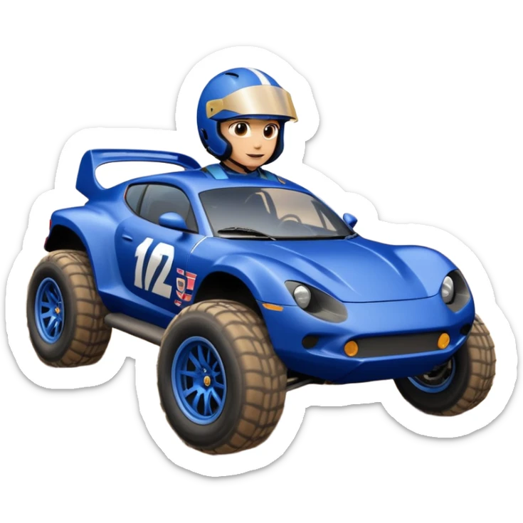 Dirty Joke’s Midnight-blue Local Motors Rally Fighter off road race car being driven by a cayman , sitting in the driver’s seat, over a dirt ramp  sticker