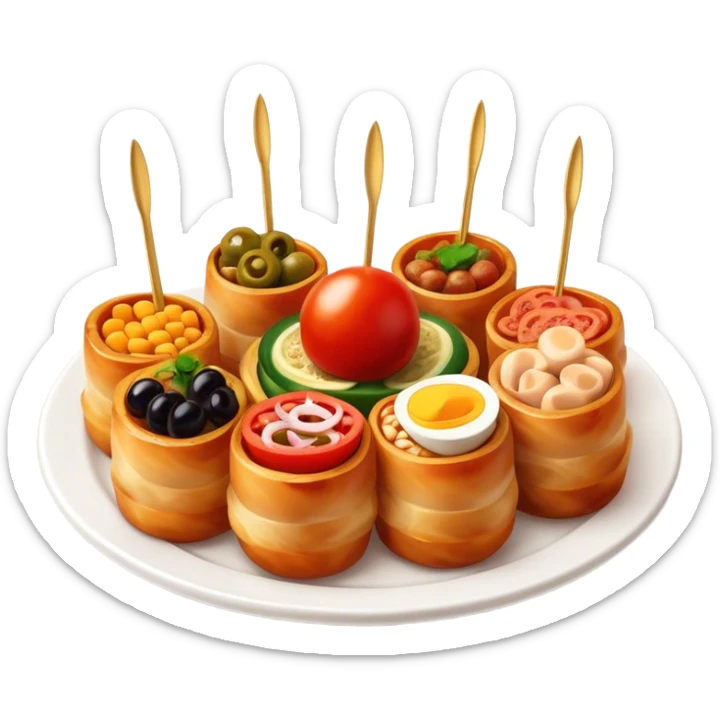 Tapas (4 Pintxos) Cinematic Realistic Tapas Dish Emoji, depicted as an assortment of 4 pintxos elegantly arranged on a plate, rendered with lifelike textures and vibrant, inviting lighting. sticker