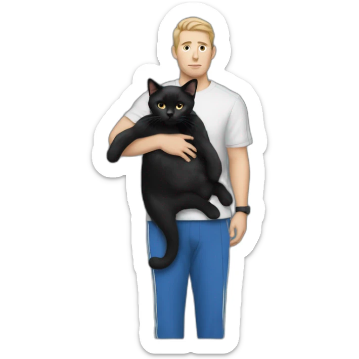 white man with black hair, beany in tracksuit holding a black cat like a baby in arms sticker