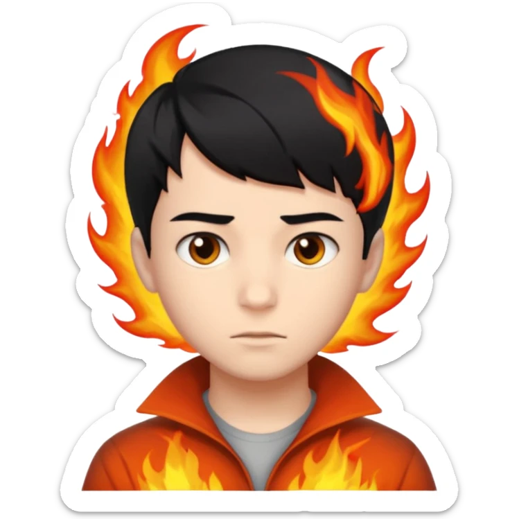 An Emoji of boy with short black hair, who can be described by three words: risk-taker, fire, realist sticker