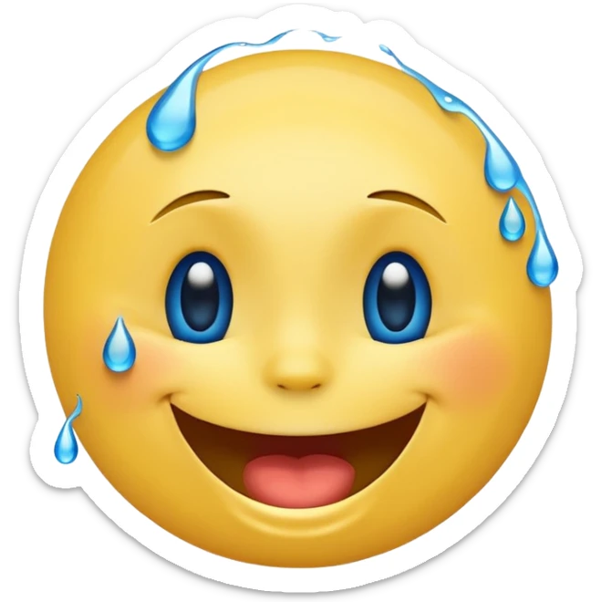 Emoji, yellow round laughing hysterically face, with blue tears of joy on it.  sticker