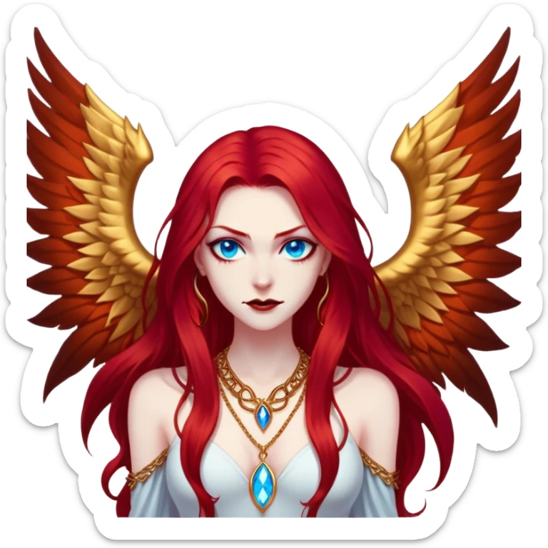 half body portrait of an extremely diabolical girl with massive towering wings, very long flowing blood red hair, glowing blue eyes, black hellfire aura, no horns, evil grin, gold necklace sticker