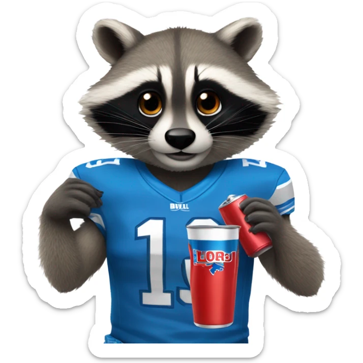 A raccoon holding a red bull drink, wearing a blue Detroit lions jersey  sticker