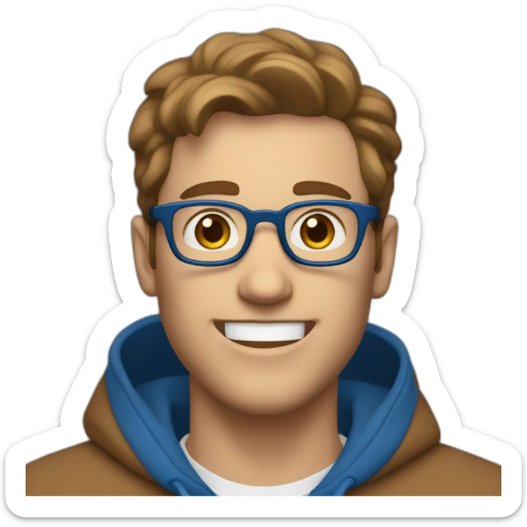 white man with brown hair and hazel eyes and glasses wearing blue hoodie feeling excited sticker