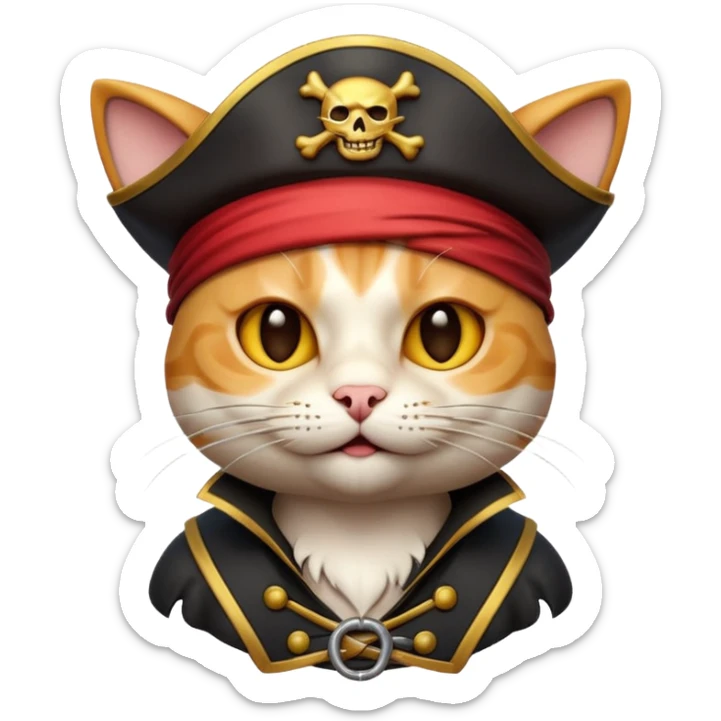 Premium 3D emoji icon of cat, pirate theme, high detail, glossy finish, claymorphism style, soft studio lighting, isolated on white background, 8k resolution, stylized professional look --v 6.0 sticker