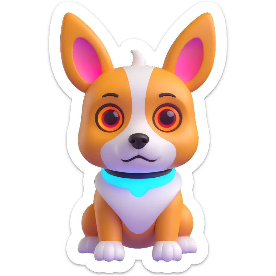 cute dog robot with pointy corgi-like ears, soft rounded body, glowy eyes and joints, friendly futuristic vibe, playful, slightly cartoonish, colorful with glowy accents, highly expressive face and posture, reaction sad sticker