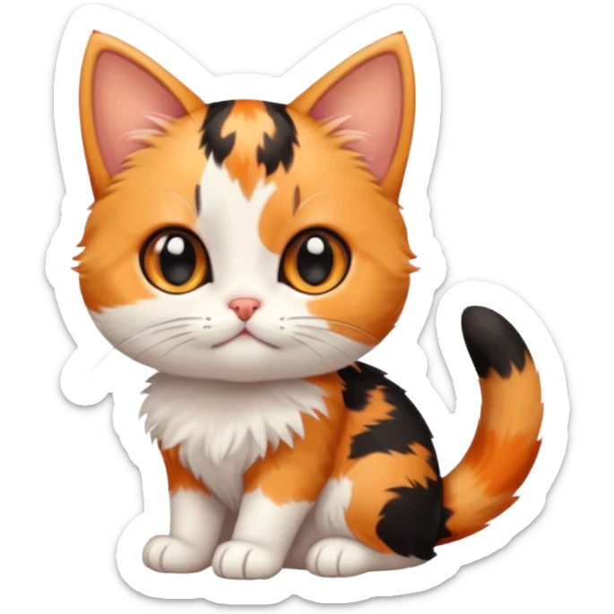calico kitten playful pose, simple and cute, round face, big eyes, minimal details, orange black and white calico pattern sticker