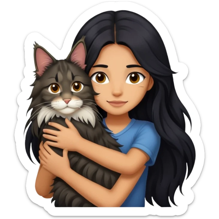 A girl with long black  hair tightly hugged a Maine coon sticker