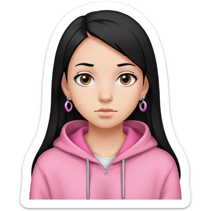 a girl wearing a pink hoodie with black straight hair three piercings on the left ear two on the right sticker
