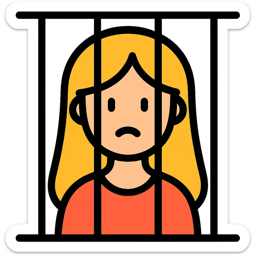 golden girl with long hair stuck behind jail bars, color outline icon sticker