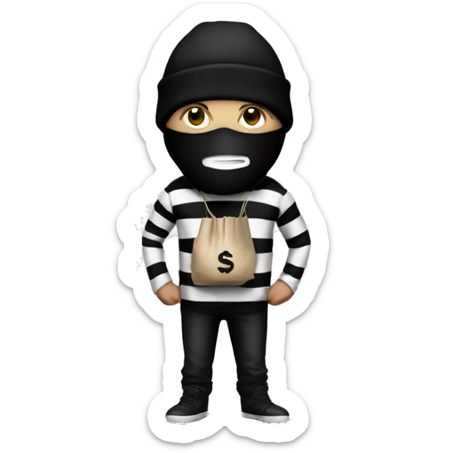 Robber, black and white striped shirt, black mask, money bag, black beanie sticker