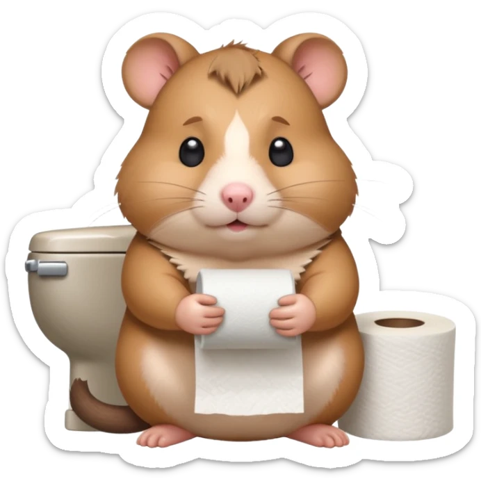 Cute chubby cartoon-style hamster sitting on toilet pooping holding toilet paper looking as if he had an accident, sticker-style illustration sticker