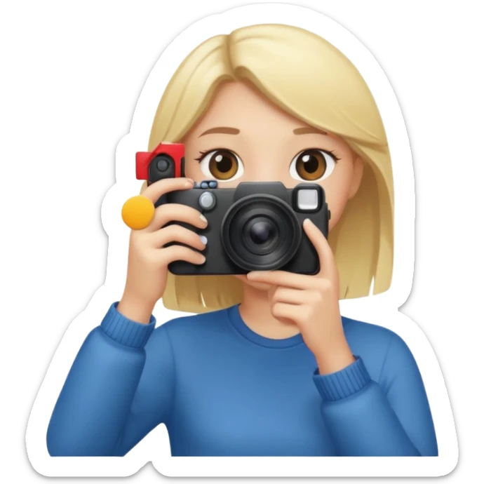 blonde girl photographer cartoon taking picture in middle of taking picture camera in front of face sticker