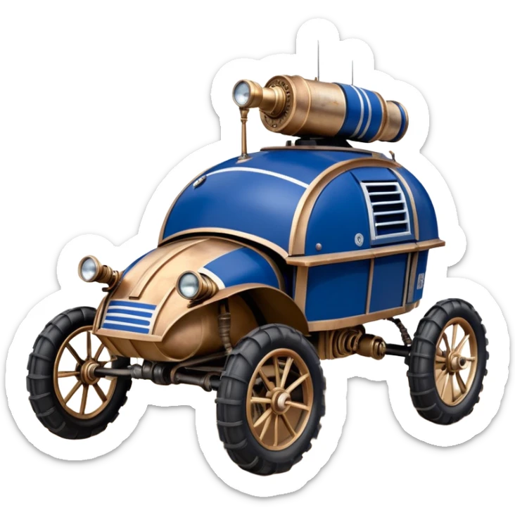Old American West tarnished R2D2 bounty hunter 1854 delicately ornate rosegold accents painted dune buggy buckboard wagon powered by electric motors and batteries with safety features and belts flying rapidly across rough dusty terrain stable on strong agile steampunk suspension and steering  sticker