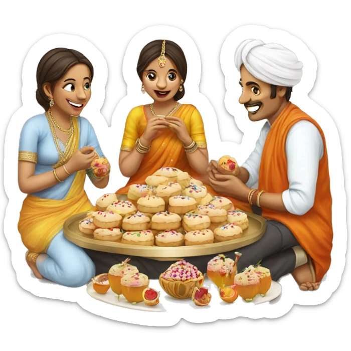People of Jaipur lik to eat too many sweets. create emoji in which Jaipur man and women together eating the sweet dish  sticker